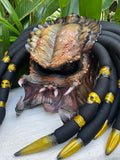 Golden Brown custom predator motorcycle helmet with Dreads and Fangs