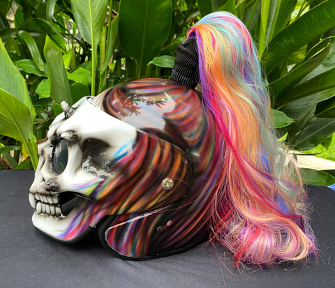 Skull DOT Helmet Ponytail Rainbow Hair Custom Helmet Goro Style Airbru –  Custom Airbrush Helmet